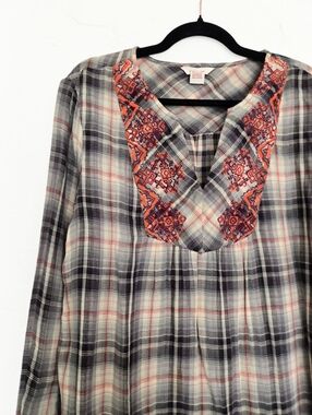 Sundance Embroidered Plaid Brown Orange Boho Top, XL